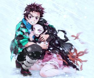tanjiro protecting nezuko in the snow
