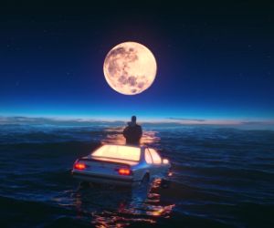 man on top of car floating in the ocean live wallpaper