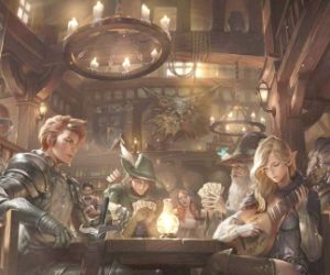 tavern with a knight, elf, wizard and other characters live wallpaper